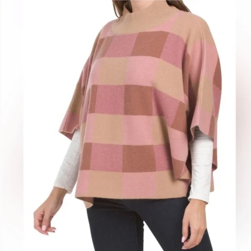 NOTE DI ANITA Merino Wool Made in Italy Plaid Cropped Mock Turtleneck Poncho